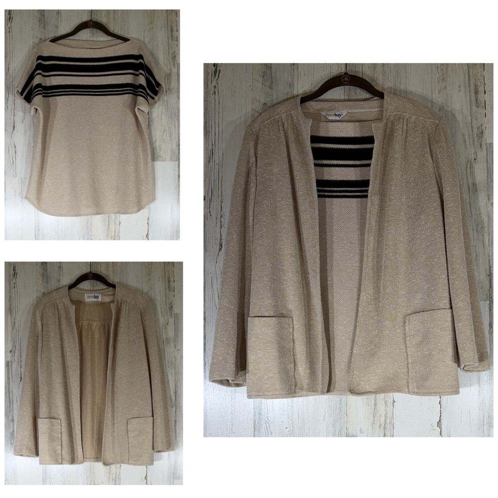 Ecco Bay Cardigan Top Set Beige Black Striped Slub Knit Pockets Vintage Grandma